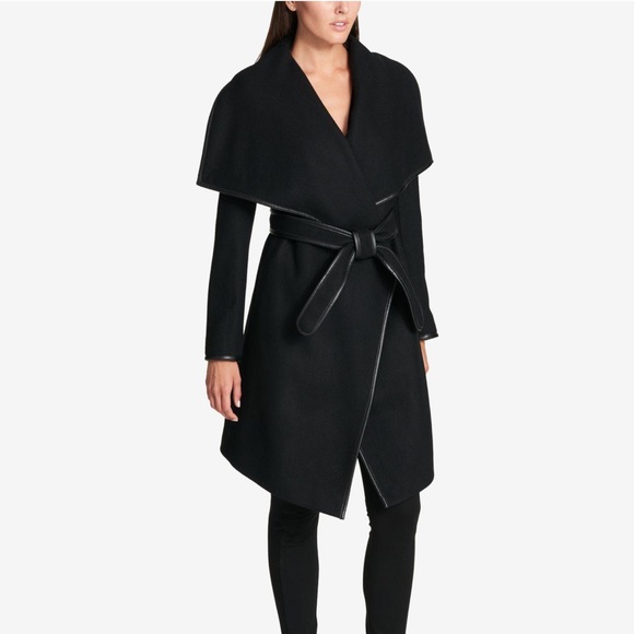 Dkny Jackets & Blazers - DKNY Black Faux Leather Trim Wool Blend Wrap Walker Coat Small NWT